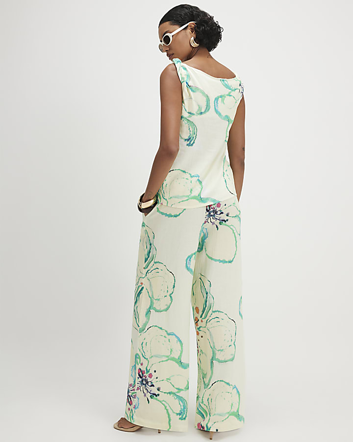 Green Linen Blend Printed Wide Leg Trousers