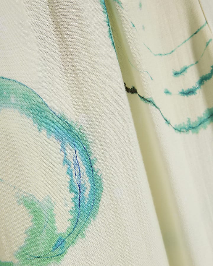 Green Linen Blend Printed Wide Leg Trousers