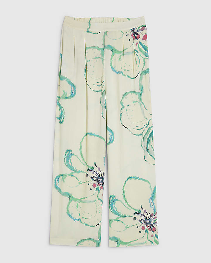 Green Linen Blend Printed Wide Leg Trousers