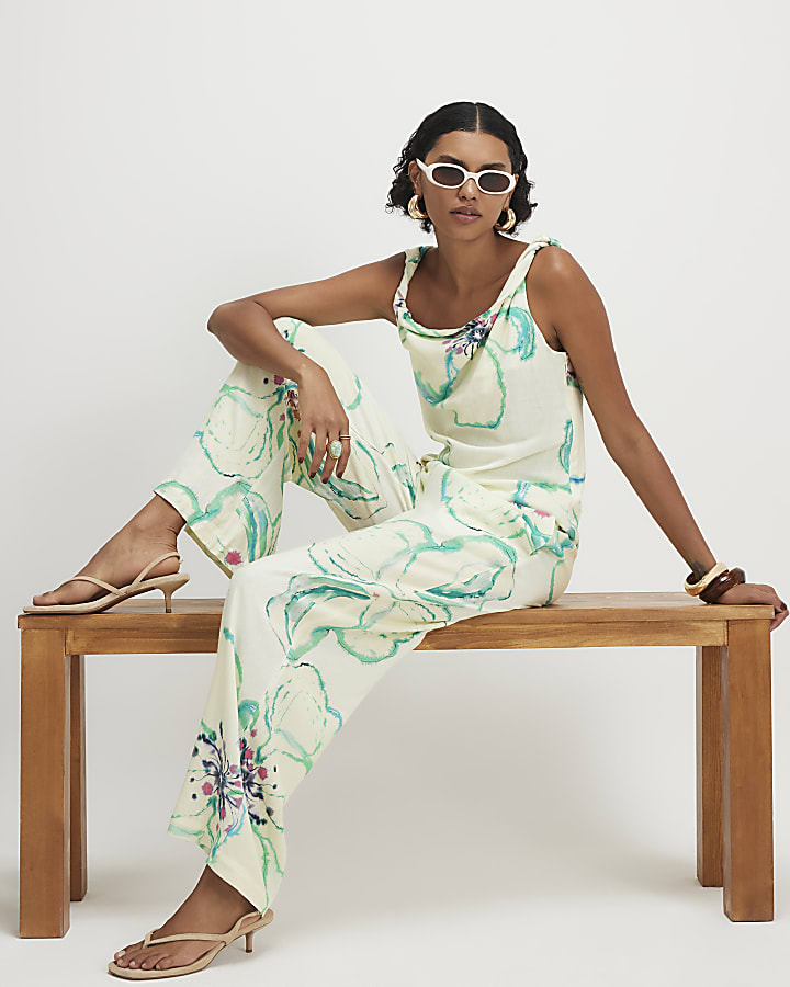 Green Linen Blend Printed Wide Leg Trousers