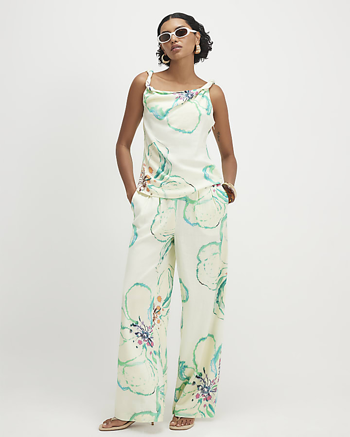 Green Linen Blend Printed Wide Leg Trousers
