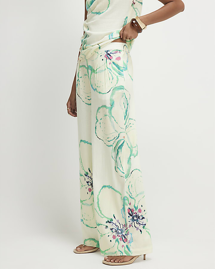 Green Linen Blend Printed Wide Leg Trousers