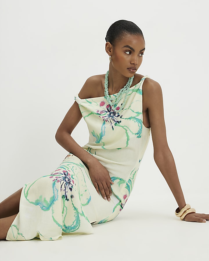 Green Linen Blend Asymmetric Midi Dress