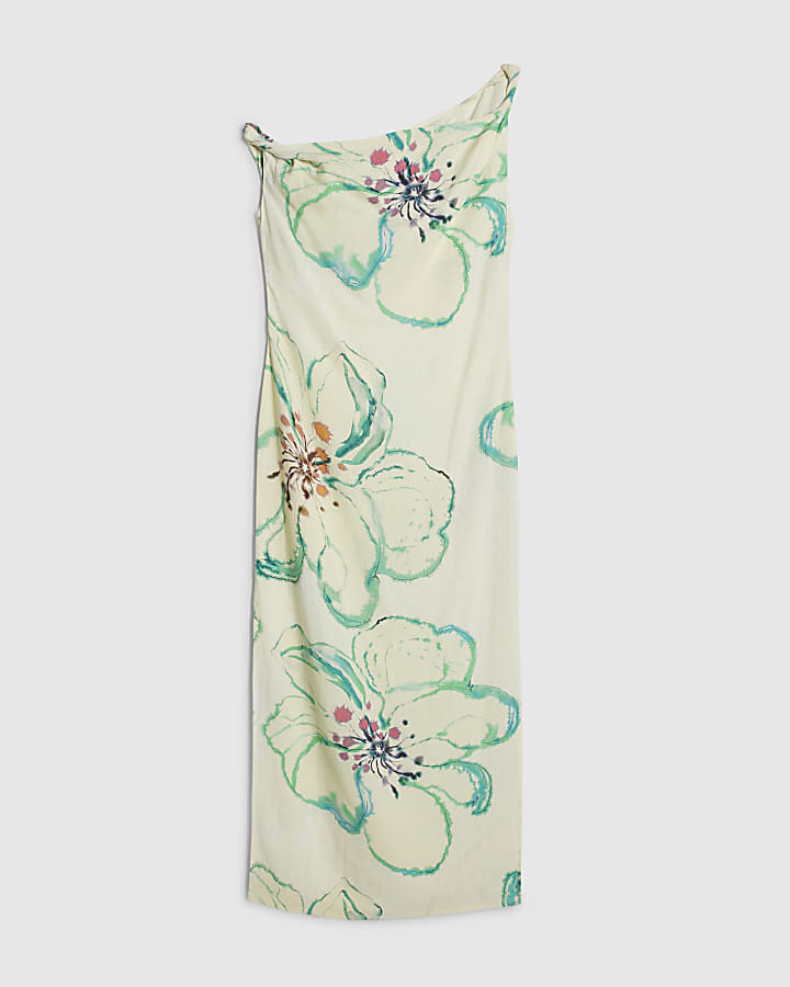 Green Linen Blend Asymmetric Midi Dress