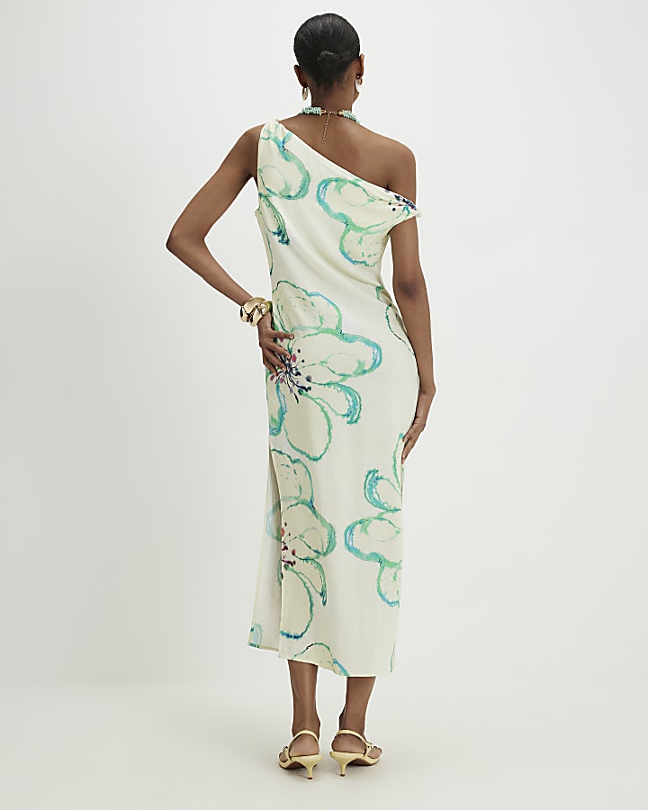 Green Linen Blend Asymmetric Midi Dress