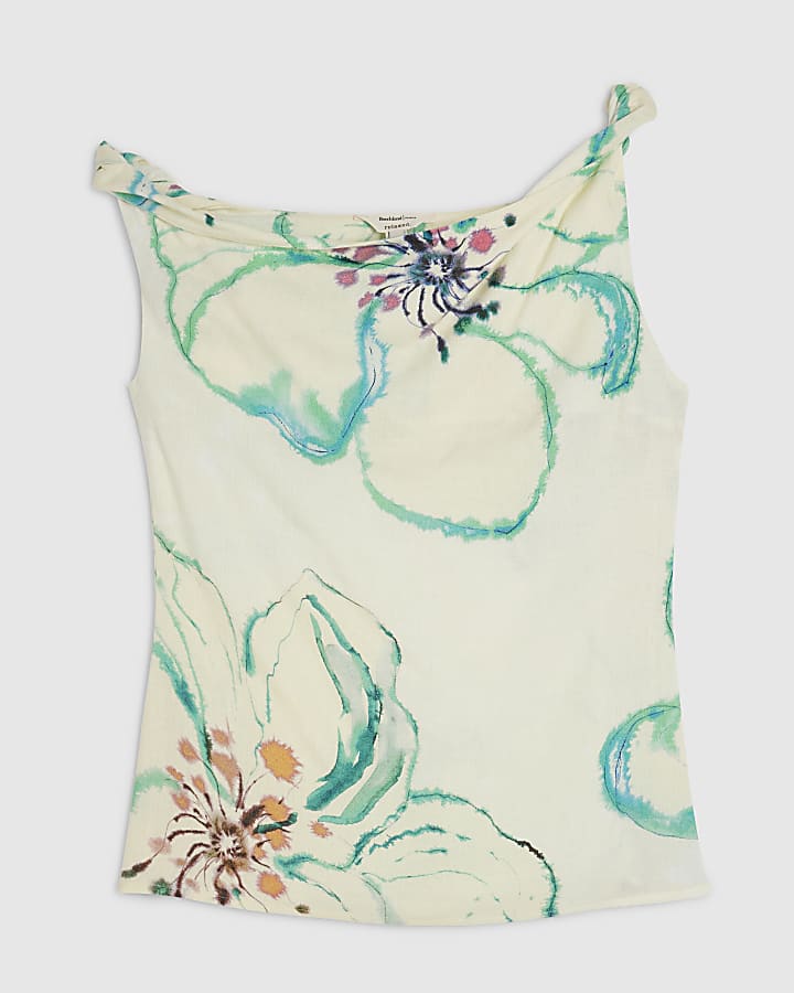 Green Linen Blend Asymmetric One Shoulder Top