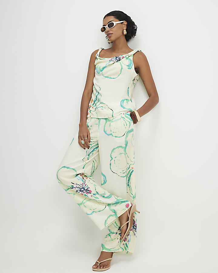 Green Linen Blend Asymmetric One Shoulder Top