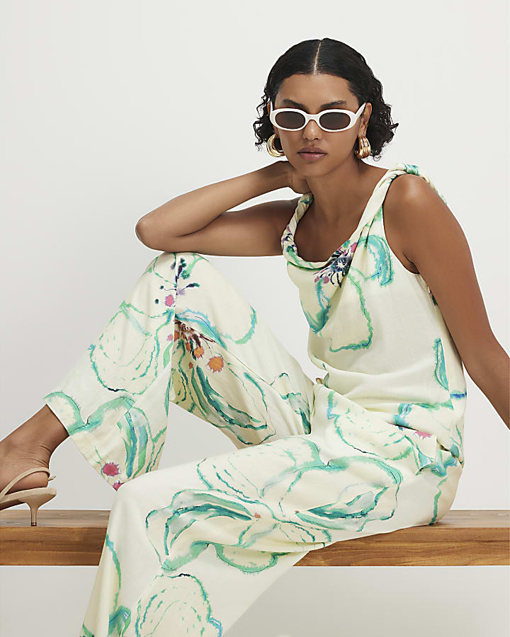 Green Linen Blend Asymmetric One Shoulder Top