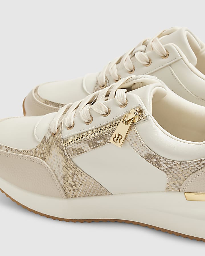 White Snake Print Side Zip Wedge Trainers