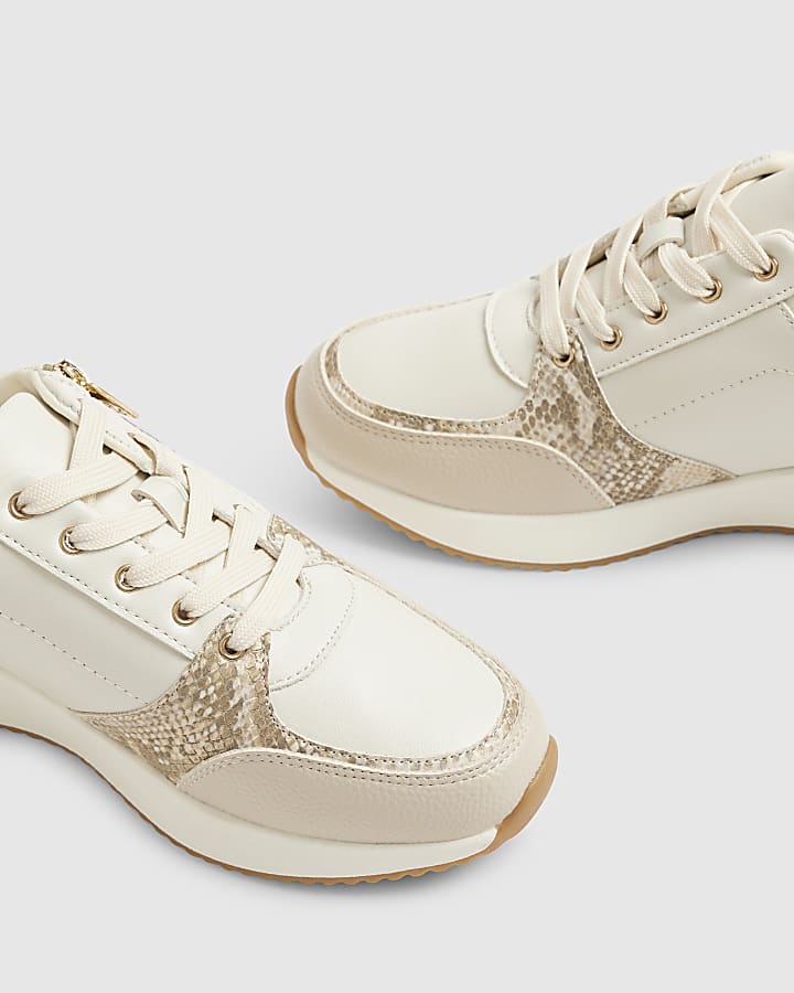 White Snake Print Side Zip Wedge Trainers