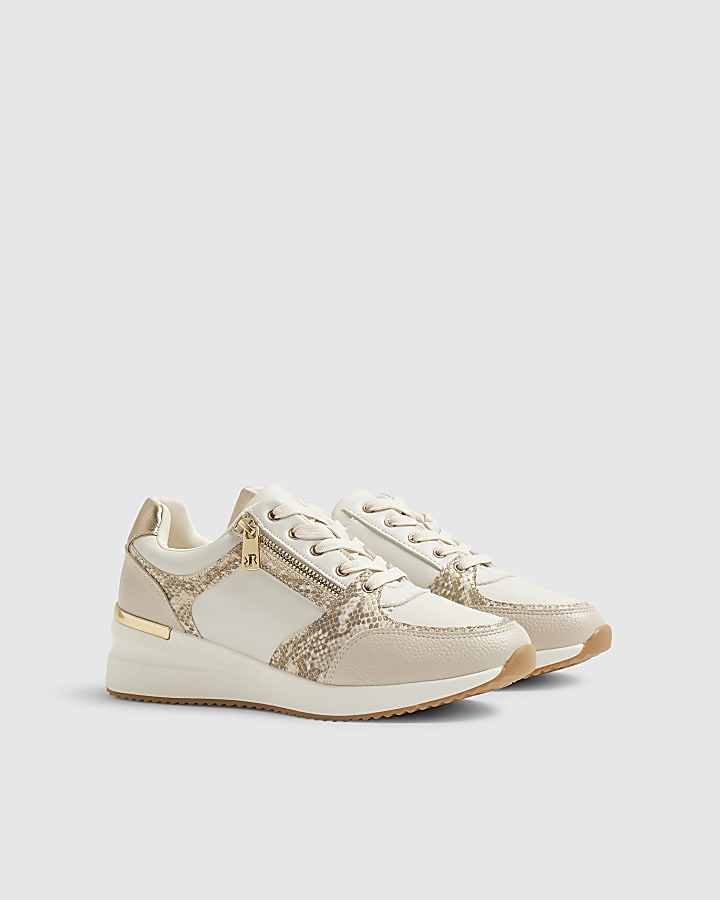 White Snake Print Side Zip Wedge Trainers