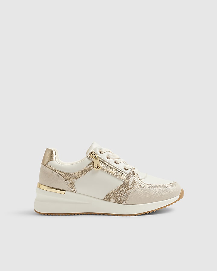 White Snake Print Side Zip Wedge Trainers