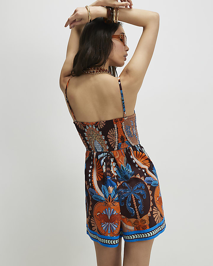 Brown Palm Print Playsuit