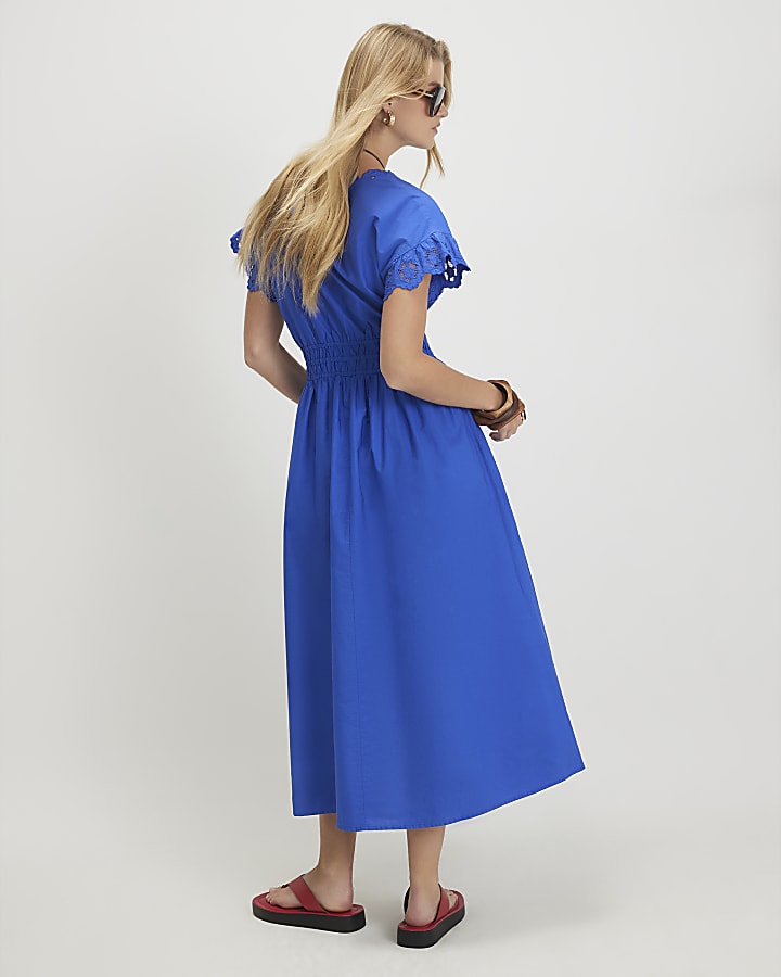 Blue Cotton Embroidered Midi Dress
