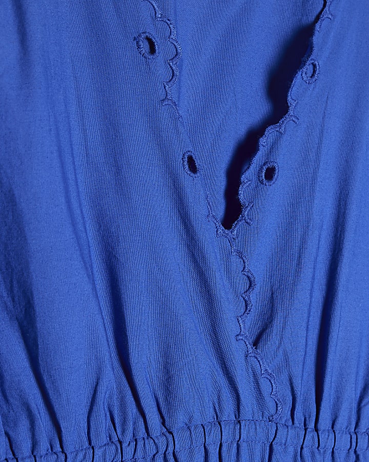 Blue Cotton Embroidered Midi Dress