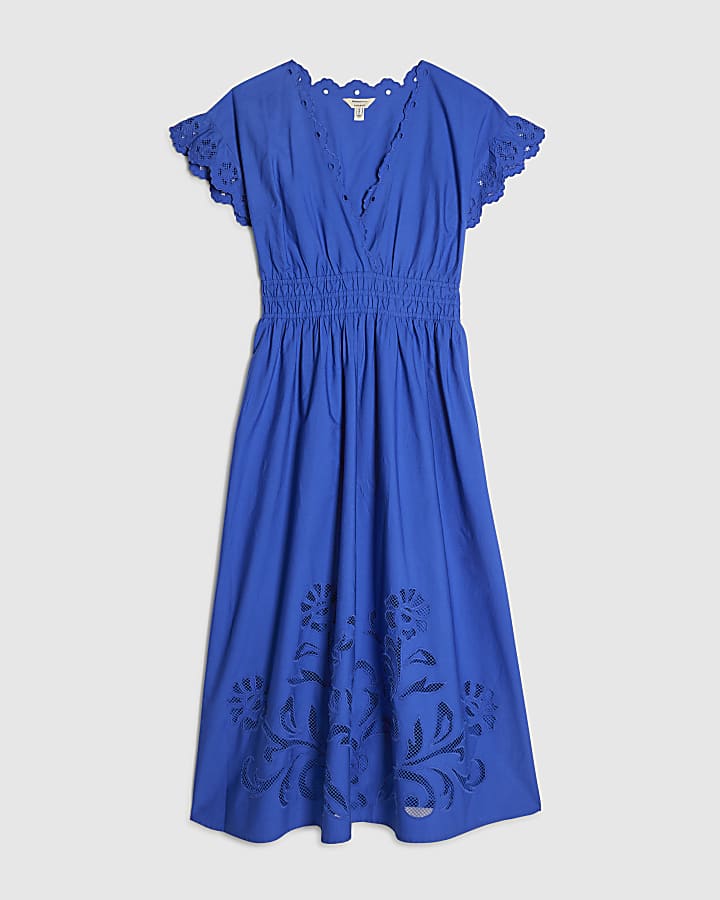 Blue Cotton Embroidered Midi Dress