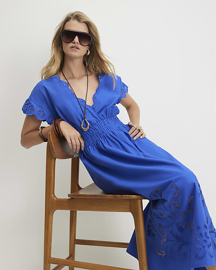 Blue Cotton Embroidered Midi Dress