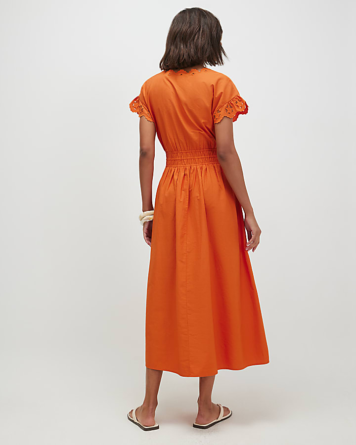 Orange Cotton Embroidered Midi Dress
