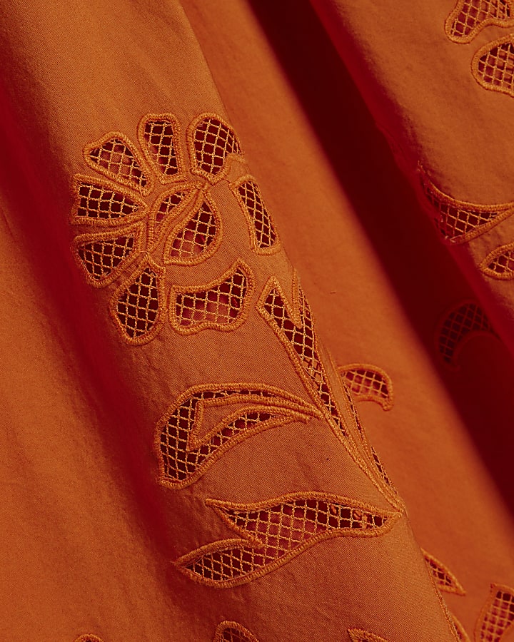 Orange Cotton Embroidered Midi Dress