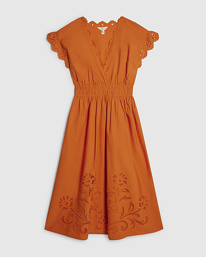 Orange Cotton Embroidered Midi Dress