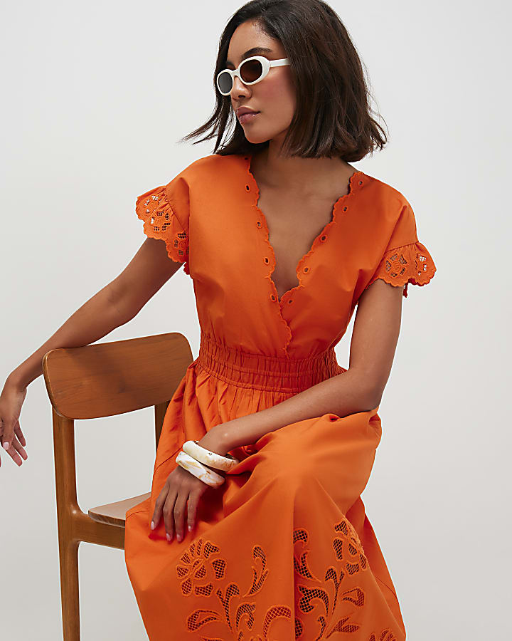 Orange Cotton Embroidered Midi Dress