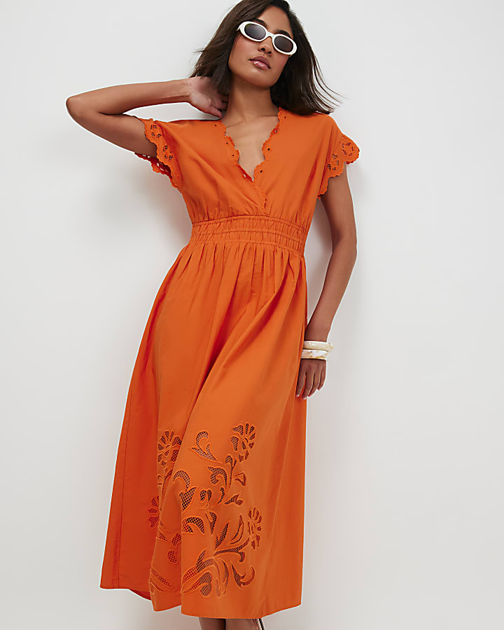Orange Cotton Embroidered Midi Dress