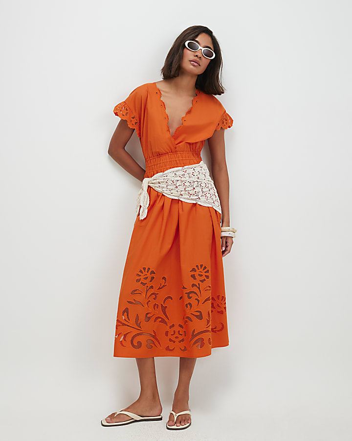 Orange Cotton Embroidered Midi Dress