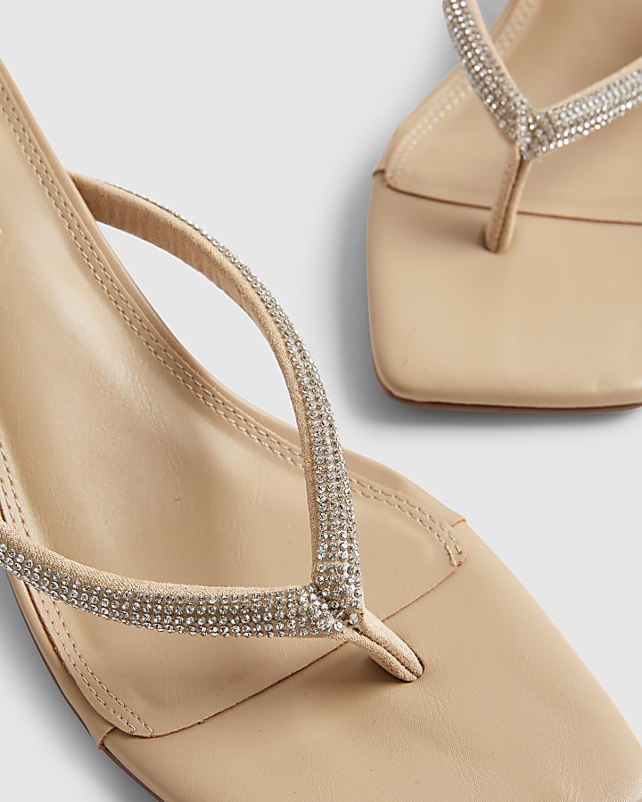 Beige Diamante Toe Thong Heeled Sandals