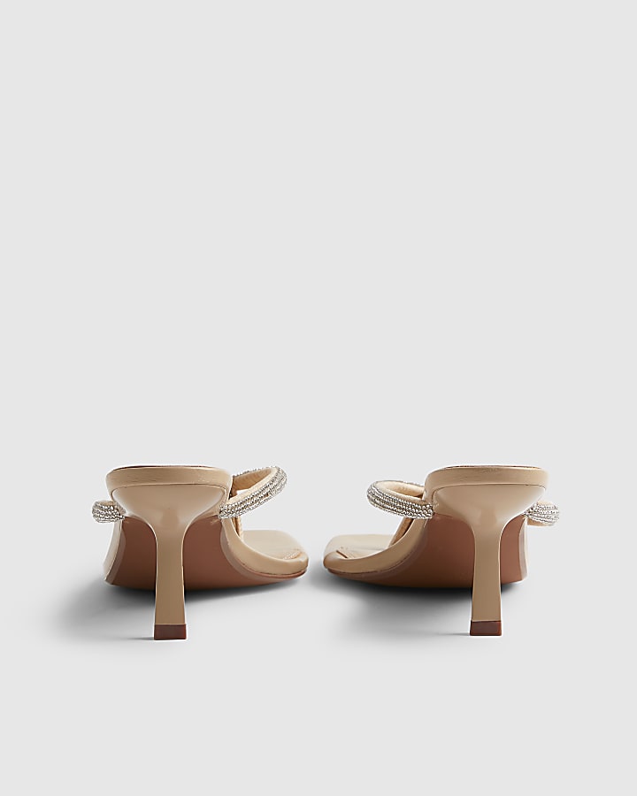 Beige Diamante Toe Thong Heeled Sandals