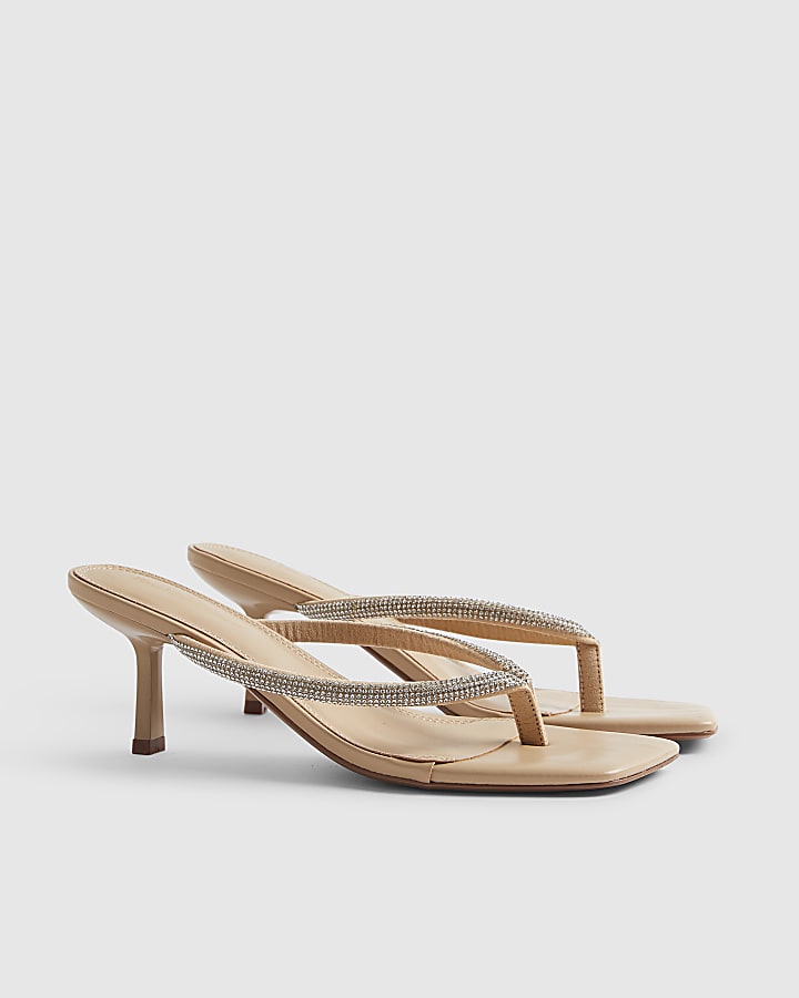 Beige Diamante Toe Thong Heeled Sandals