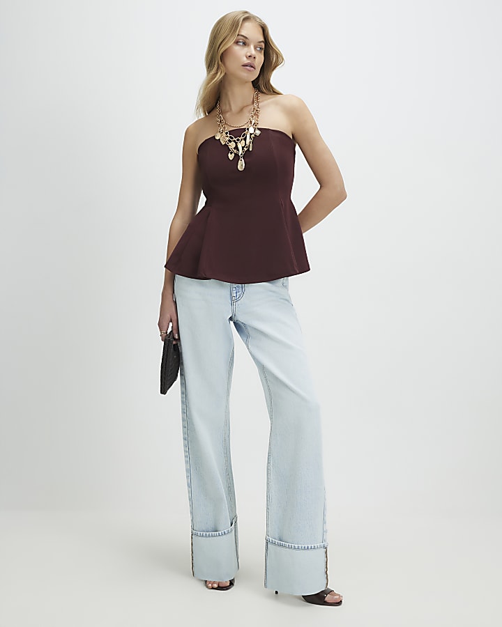 Brown Sleeveless Peplum Bandeau Top