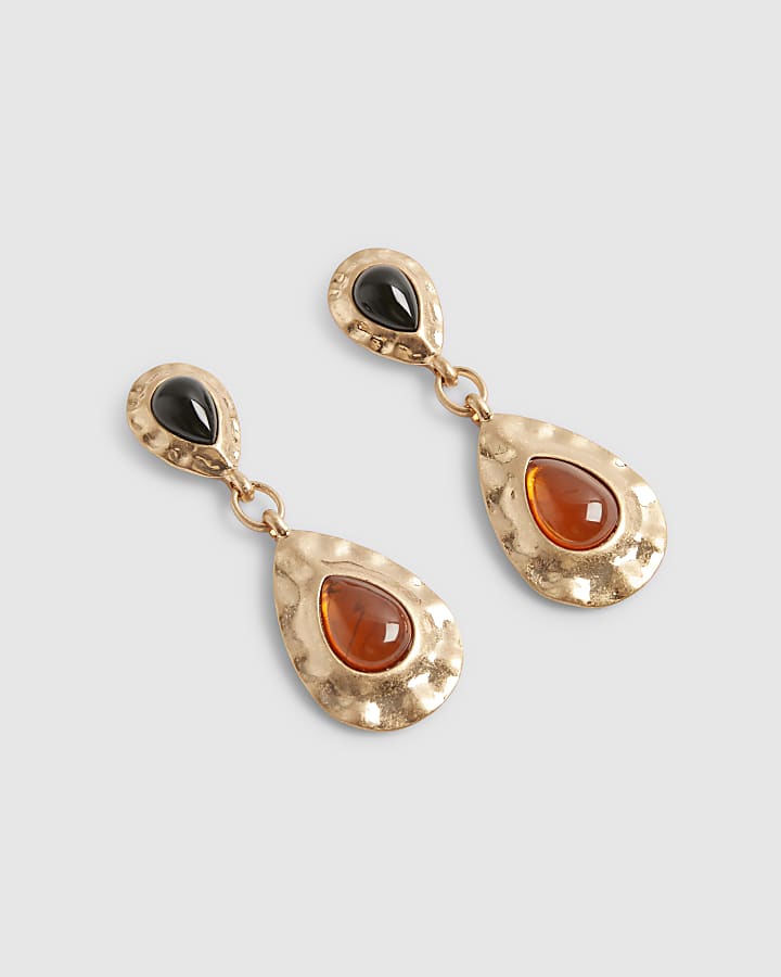 Gold Hammered Stone Drop Earrings