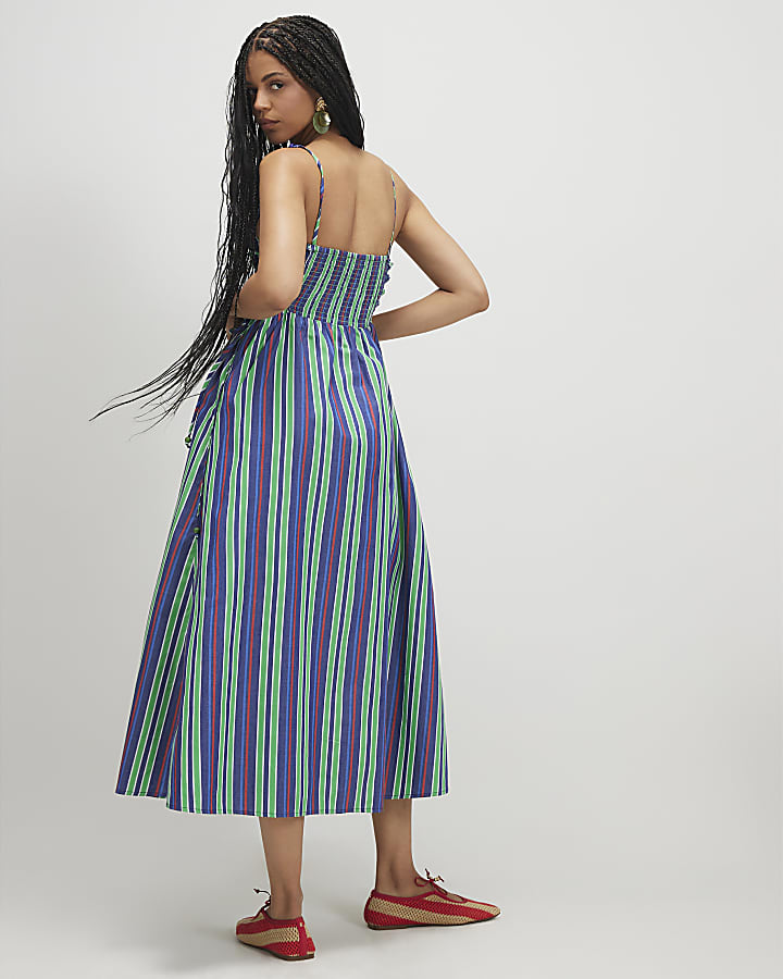 Green Stripe Cotton Poplin Midi Dress