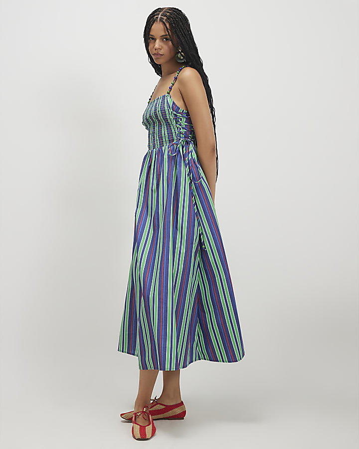 Green Stripe Cotton Poplin Midi Dress