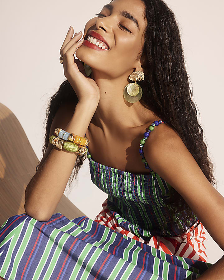 Green Stripe Cotton Poplin Midi Dress