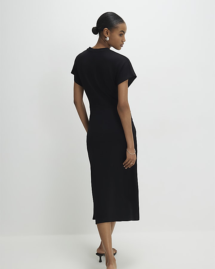 Black Premium Short Sleeve Knot Midi Dress