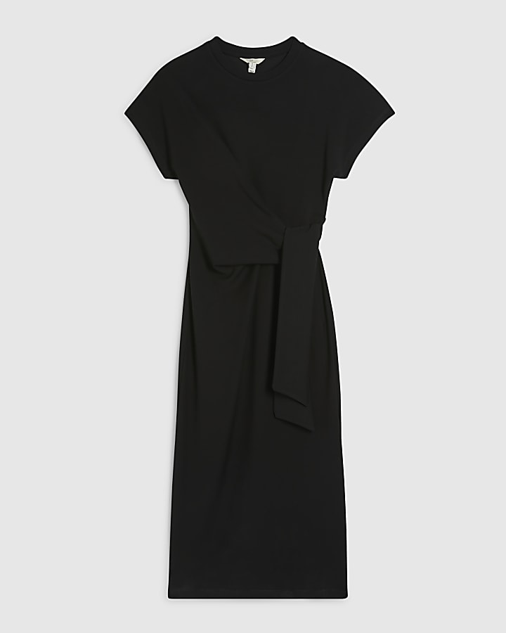 Black Premium Short Sleeve Knot Midi Dress
