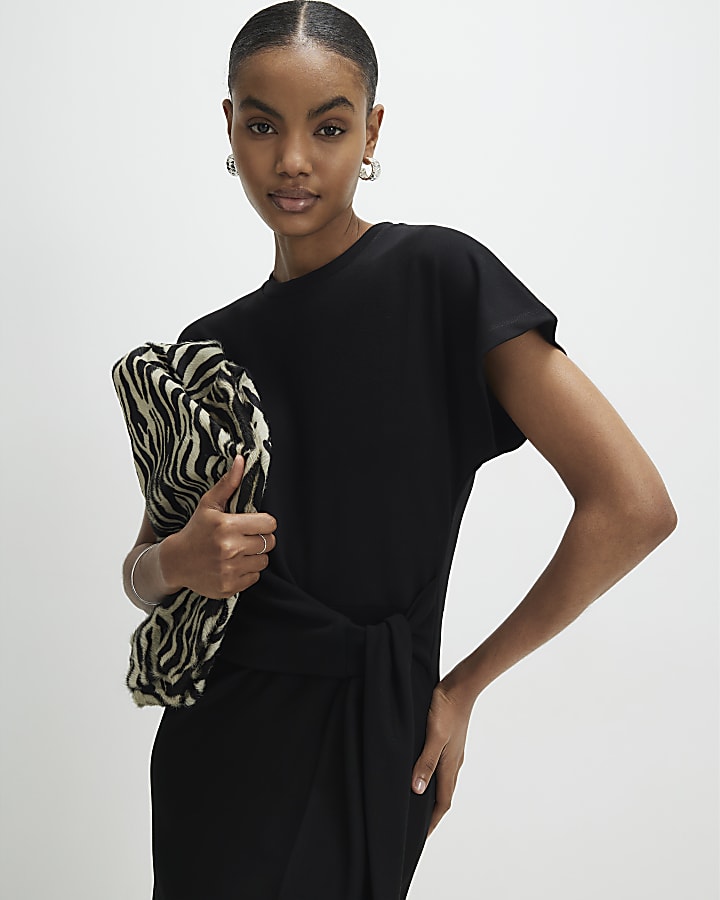 Black Premium Short Sleeve Knot Midi Dress