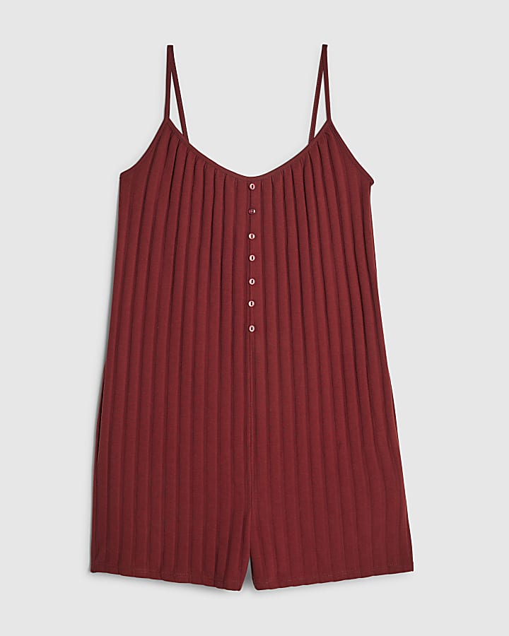 Red Ribbed Button Through Playsuit