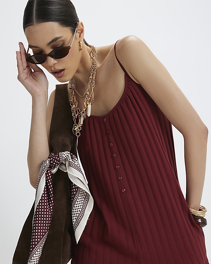 Red Ribbed Button Through Playsuit