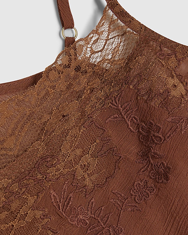 Brown Sleeveless Lace Cami Top
