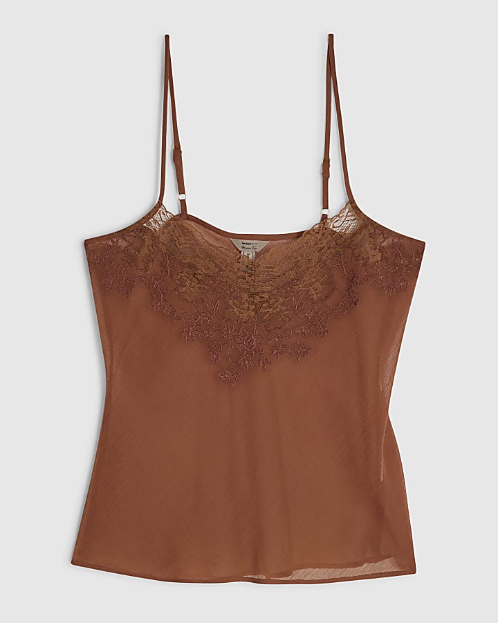 Brown Sleeveless Lace Cami Top