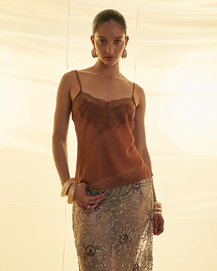 Brown Sleeveless Lace Cami Top
