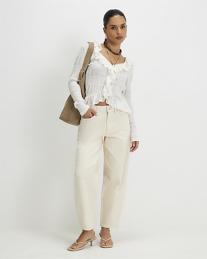 Petite Cream Barrel Leg Jeans