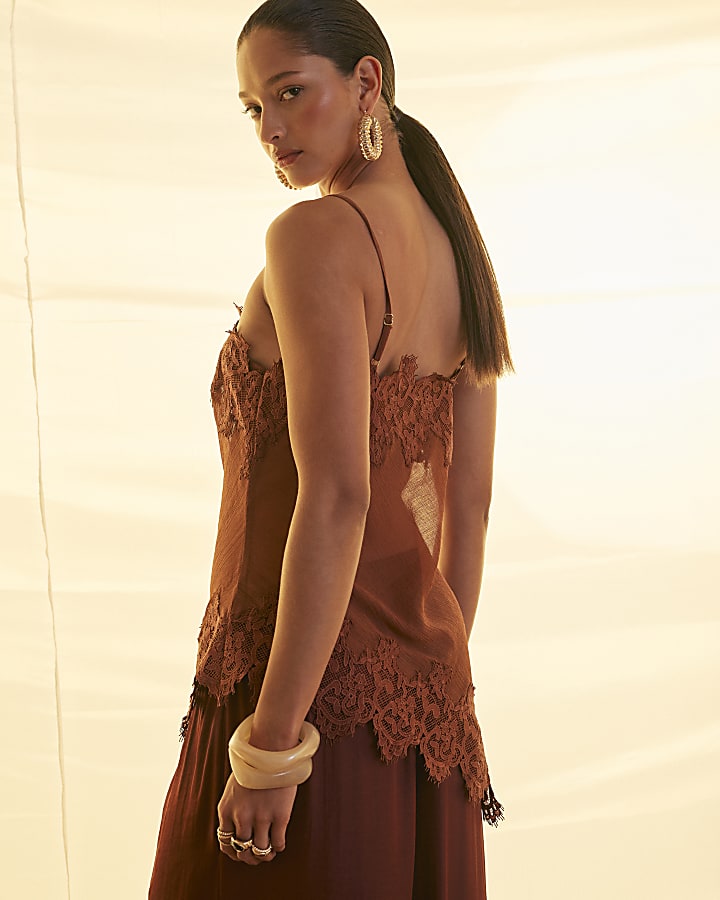 Brown Lace Longline Cami Top