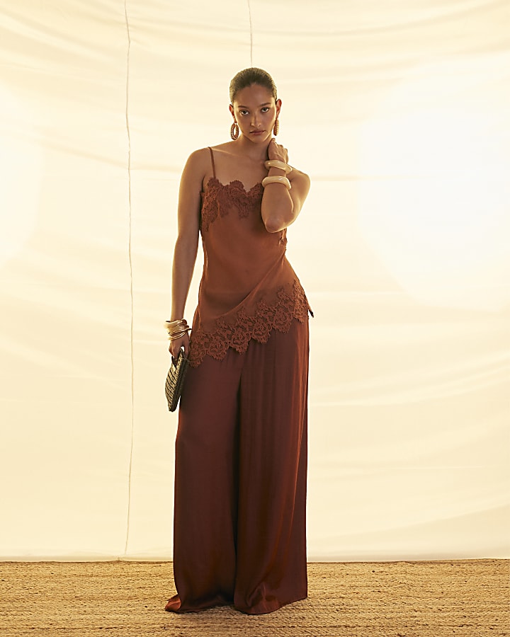 Brown Lace Longline Cami Top