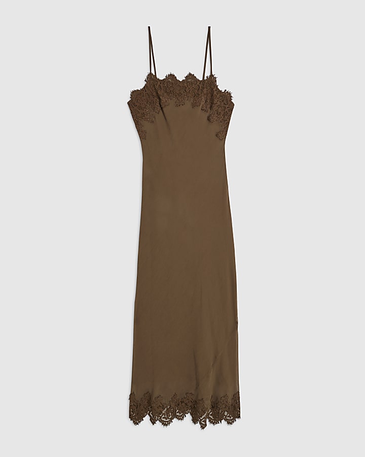Brown Lace Slip Midi Dress