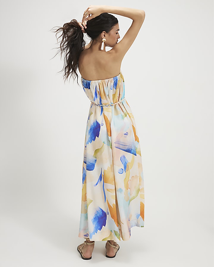Cream Cotton Blend Printed Bandeau Midi Dress