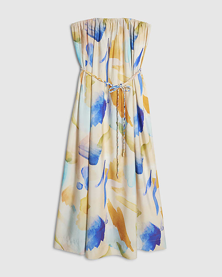 Cream Cotton Blend Printed Bandeau Midi Dress