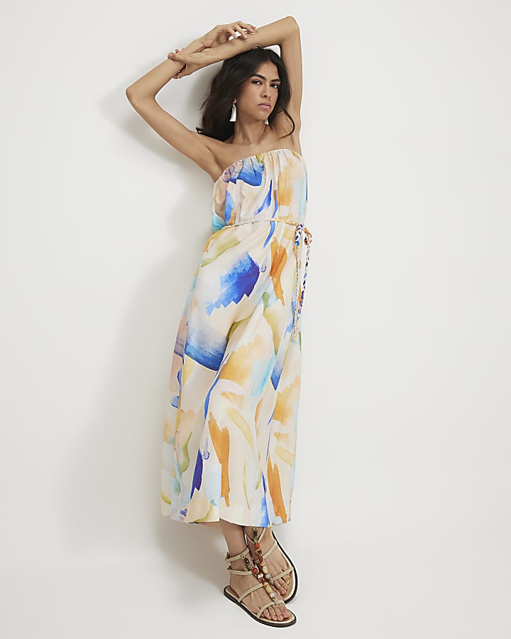 Cream Cotton Blend Printed Bandeau Midi Dress